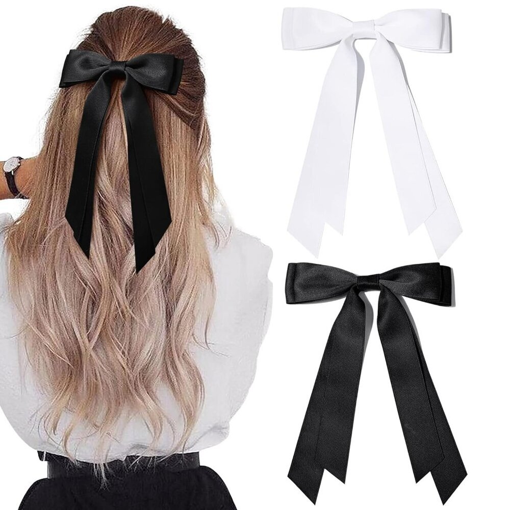 2PCS Silky Satin Hair Bows Hair Clip Black White Hair Ribbon Ponytail Holder Acc